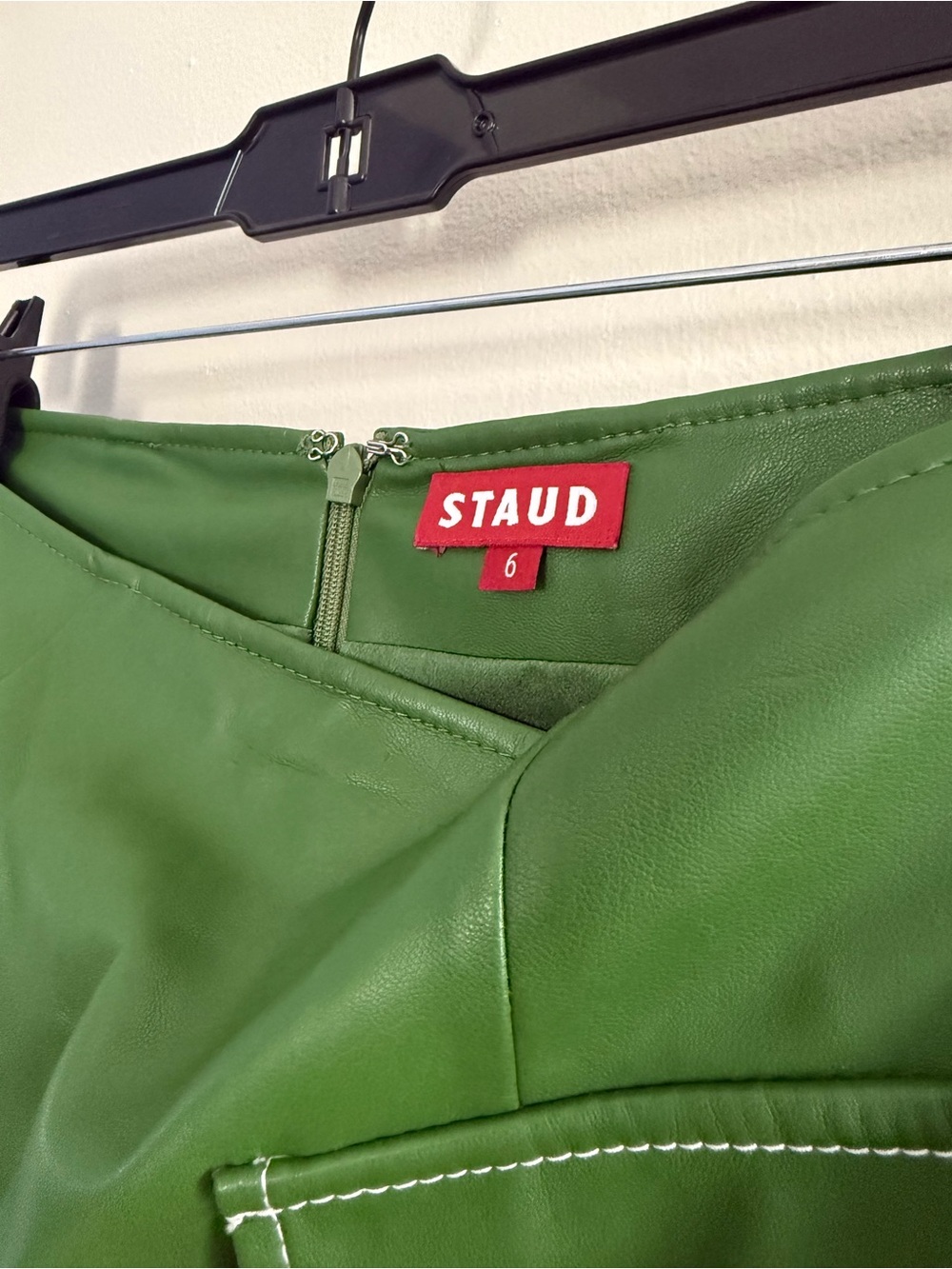 STAUD Bright Green Faux Leather Midi Skirt with Front Flap Pockets - Picture 4 of 11